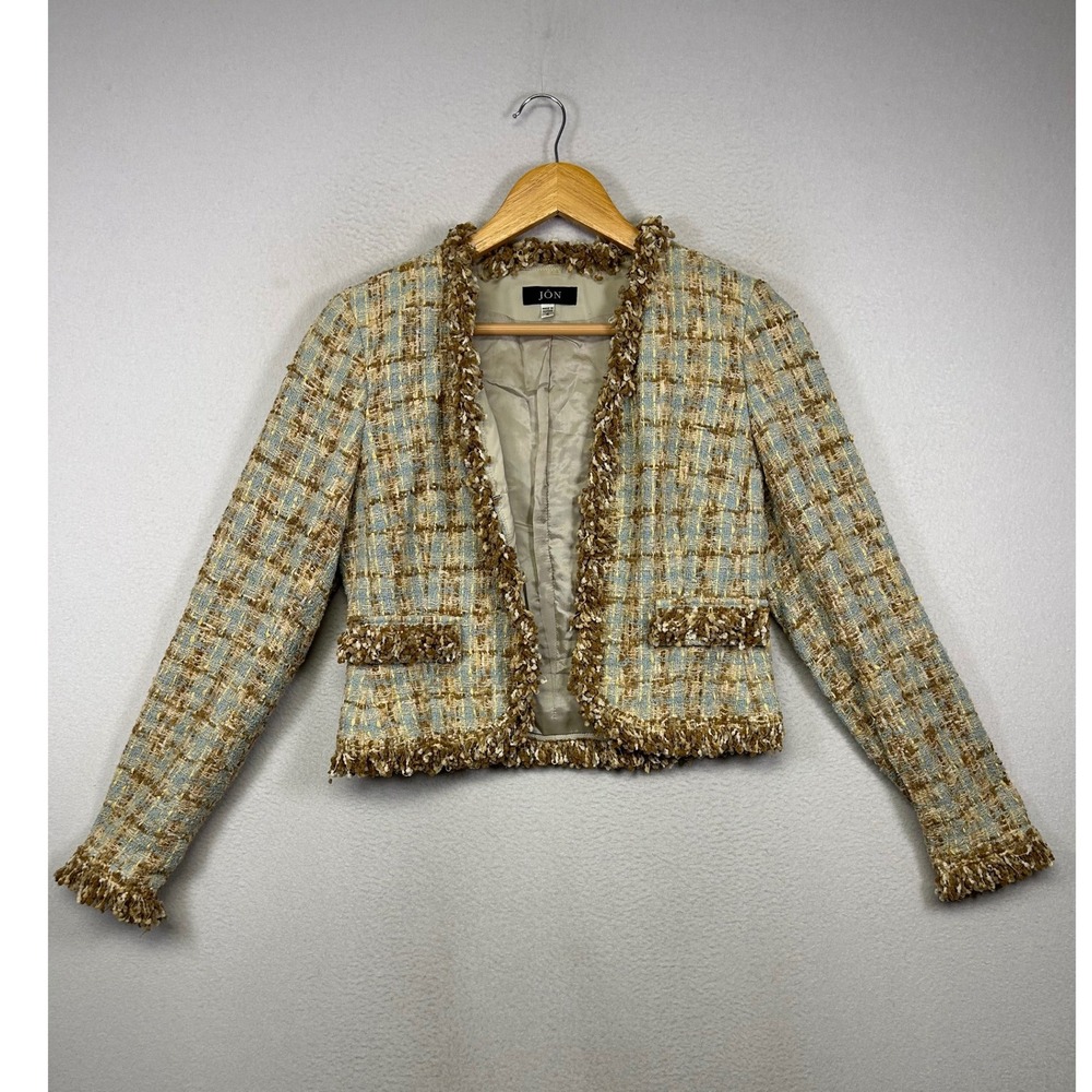 Old Money JON Women 4 Blue Tan Tweed‎ Fringe Trim Cropped Open Front Blazer